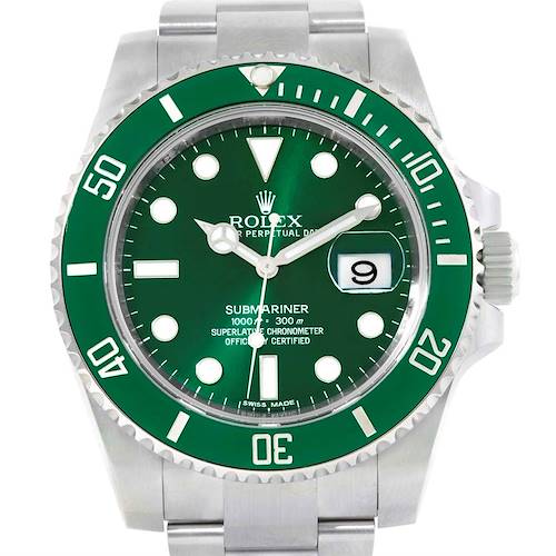 The image shows a front view of the Rolex Submariner 116610LV Men's Stainless Steel Green Dial 116610LV Men's Stainless Steel Green Dial watch, highlighting its green dial, bezel, and date display.