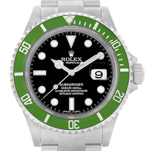The image shows a front view of a Rolex Submariner 16610LV Men's Stainless Steel Black Dial 16610LV Men's Stainless Steel Black Dial watch with a green bezel and black dial.