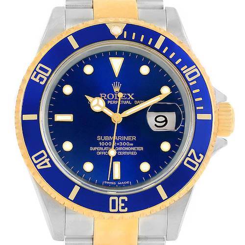 The image shows a front view of the Rolex Submariner 16613 Men's Steel and Gold (two tone) Blue Dial 16613 Men's Steel and Gold (two tone) Blue Dial watch, highlighting its blue dial, bezel, and two-tone metal bracelet.