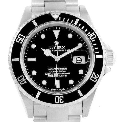 The image showcases a front view of the Rolex Submariner 16610 Men's Stainless Steel Black Dial 16610 Men's Stainless Steel Black Dial watch, displaying its dial, bezel, hands, date window, and part of its bracelet.