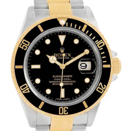 This image shows a front view of the Rolex Submariner 16613 Men's Steel and Gold (two tone) Black Dial 16613 Men's Steel and Gold (two tone) Black Dial watch, highlighting the face, bezel, and part of the two-tone bracelet.