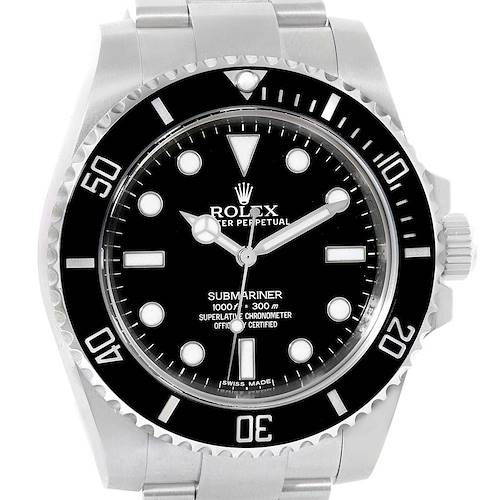 This image shows a front view of the dial and bezel of a Rolex Submariner 114060 Men's Stainless Steel Black Dial 114060 Men's Stainless Steel Black Dial watch.