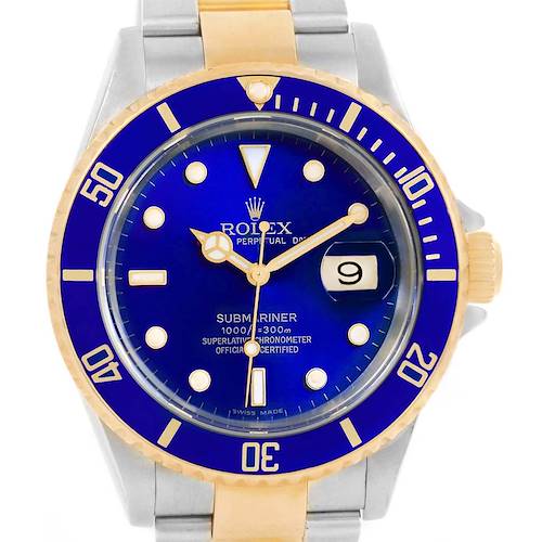 The image shows a front view of the Rolex Submariner 16613 Men's Steel and Gold (two tone) Blue Dial 16613 Men's Steel and Gold (two tone) Blue Dial watch, highlighting its blue dial, gold details, and stainless steel and gold bracelet.