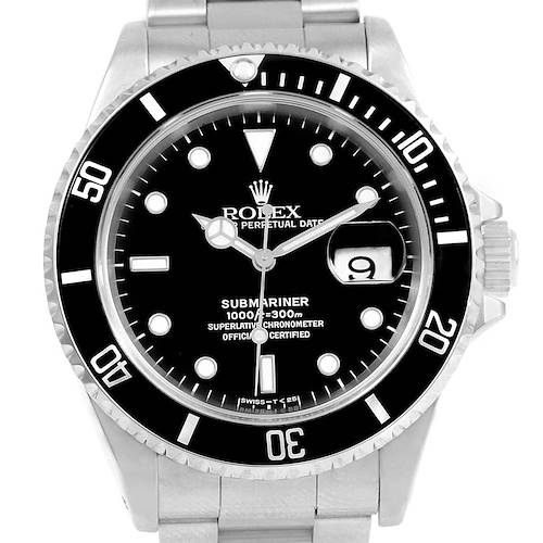 The image shows a front view of the Rolex Submariner 16610 Men's Stainless Steel Black Dial 16610 Men's Stainless Steel Black Dial watch, highlighting its dial, bezel, and part of the bracelet.