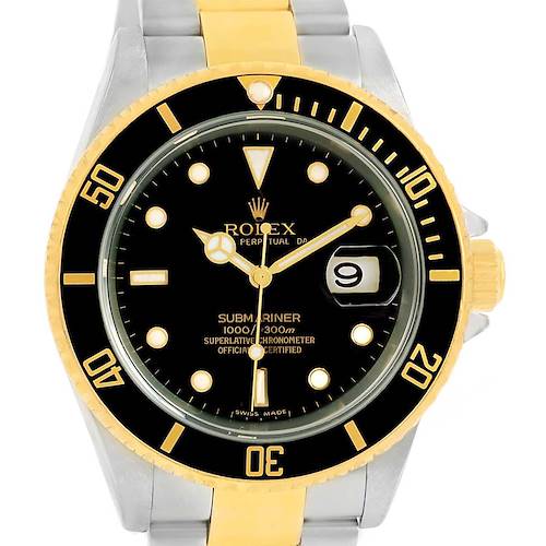 The image shows a front view of a Rolex Submariner 16613 Men's Steel and Gold (two tone) Black Dial 16613 Men's Steel and Gold (two tone) Black Dial watch with a black dial, gold bezel, and two-tone bracelet.