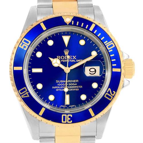 The image shows a front view of a Rolex Submariner 16613 Men's Steel and Gold (two tone) Blue Dial 16613 Men's Steel and Gold (two tone) Blue Dial watch, highlighting its blue bezel, blue dial, and date window.