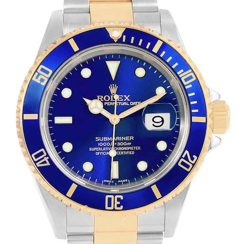 This image shows a frontal view of a Rolex Submariner 16613 Men's Steel and Gold (two tone) Blue Dial 16613 Men's Steel and Gold (two tone) Blue Dial watch, highlighting its blue dial and bezel, gold accents, and date feature.