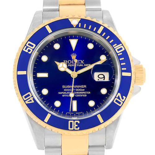 The image shows a frontal view of a Rolex Submariner 16613 Men's Steel and Gold (two tone) Blue Dial 16613 Men's Steel and Gold (two tone) Blue Dial watch, highlighting its blue dial, gold bezel, and two-tone bracelet.