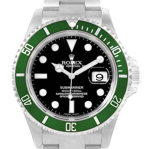 The image shows a front view of the Rolex Submariner 16610LV Men's Stainless Steel Black Dial 16610LV Men's Stainless Steel Black Dial watch, highlighting its green bezel, black dial, and date display.