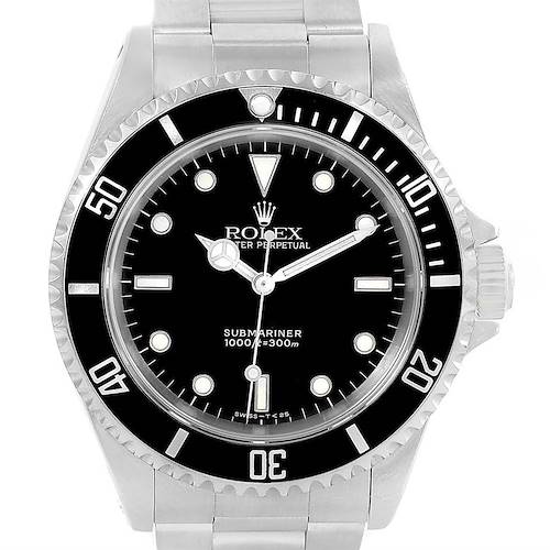 The image shows a front view of a Rolex Submariner 14060 Men's Stainless Steel Black Dial 14060 Men's Stainless Steel Black Dial watch, displaying the dial, bezel, and part of the bracelet.