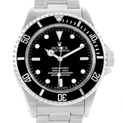 The image shows a front-angle view of a Rolex Submariner 14060 Men's Stainless Steel Black Dial 14060 Men's Stainless Steel Black Dial watch, highlighting its black dial, bezel, and stainless steel bracelet.