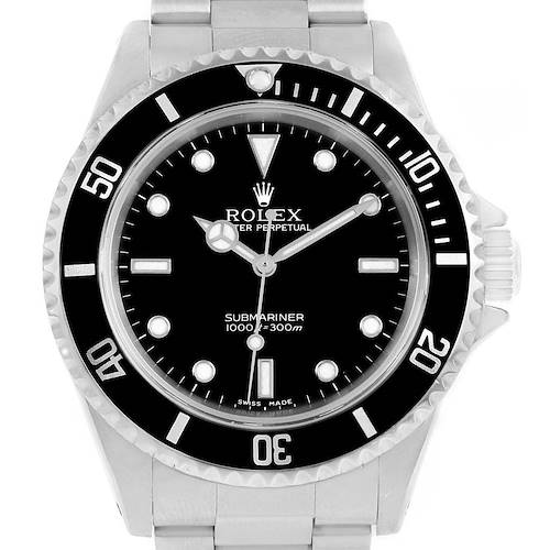 This image shows a front view of the Rolex Submariner 14060 Men's Stainless Steel Black Dial 14060 Men's Stainless Steel Black Dial watch, highlighting the dial, bezel, and part of the bracelet.