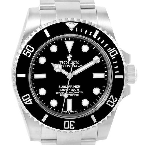 This image shows a front view of the Rolex Submariner 114060 Men's Stainless Steel Black Dial 114060 Men's Stainless Steel Black Dial watch, highlighting the face, bezel, and partial bracelet.