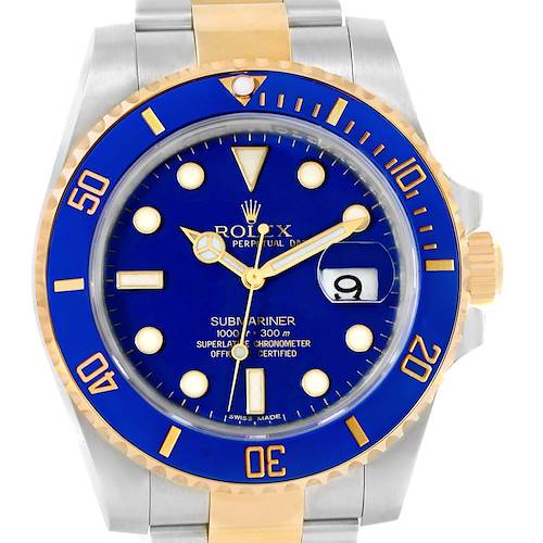This image shows a front view of the Rolex Submariner 116613 Men's Steel and Gold (two tone) Blue Dial 116613 Men's Steel and Gold (two tone) Blue Dial watch, highlighting its blue dial and two-tone bracelet.