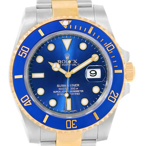 The image shows a front view of a Rolex Submariner 116613 Men's Steel and Gold (two tone) Blue Dial 116613 Men's Steel and Gold (two tone) Blue Dial watch featuring a blue dial and bezel.