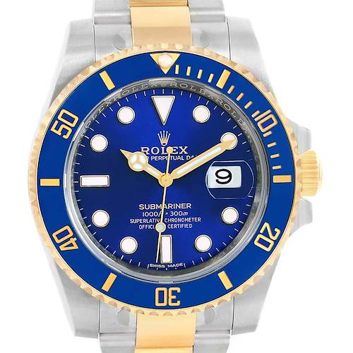 The image shows a front view of a Rolex Submariner 116613 Men's Steel and Gold (two tone) Blue Dial 116613 Men's Steel and Gold (two tone) Blue Dial watch, highlighting its blue dial, gold accents, and date display.