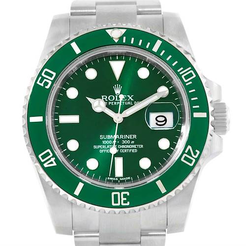This image shows a frontal view of the Rolex Submariner 116610LV Men's Stainless Steel Green Dial 116610LV Men's Stainless Steel Green Dial watch, featuring its green dial and bezel with the date window.