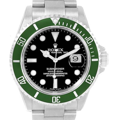 This image shows a frontal view of a Rolex Submariner 16610LV Men's Stainless Steel Black Dial 16610LV Men's Stainless Steel Black Dial watch, highlighting its face, green bezel, and stainless steel bracelet.