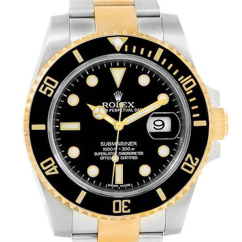 The image displays a front view of a Rolex Submariner 116613 Men's Steel and Gold (two tone) Black Dial 116613 Men's Steel and Gold (two tone) Black Dial watch, showcasing its bezel, dial, hour markers, and part of the bracelet.