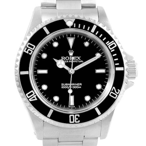 The image shows a frontal view of a Rolex Submariner 14060 Men's Stainless Steel Black Dial 14060 Men's Stainless Steel Black Dial watch, highlighting the dial, bezel, crown, and bracelet.