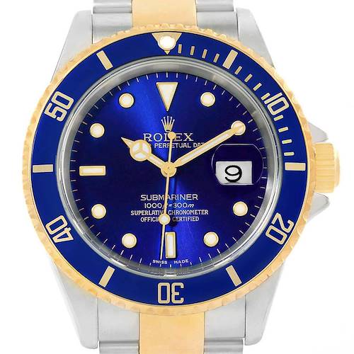 This image shows a frontal view of a Rolex Submariner 16613 Men's Steel and Gold (two tone) Blue Dial 16613 Men's Steel and Gold (two tone) Blue Dial, highlighting the blue dial, gold and silver bezel, and bracelet.
