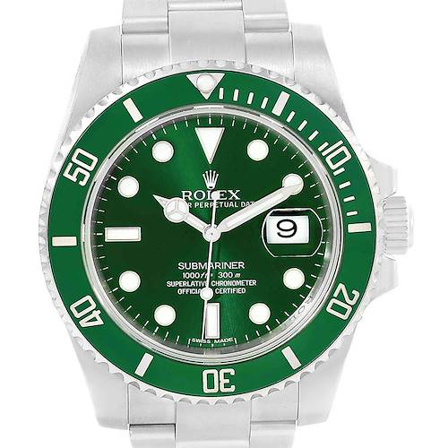 The image shows a front view of a Rolex Submariner 116610LV Men's Stainless Steel Green Dial 116610LV Men's Stainless Steel Green Dial watch, focusing on its green dial and bezel, with a date display at 3 o'clock.