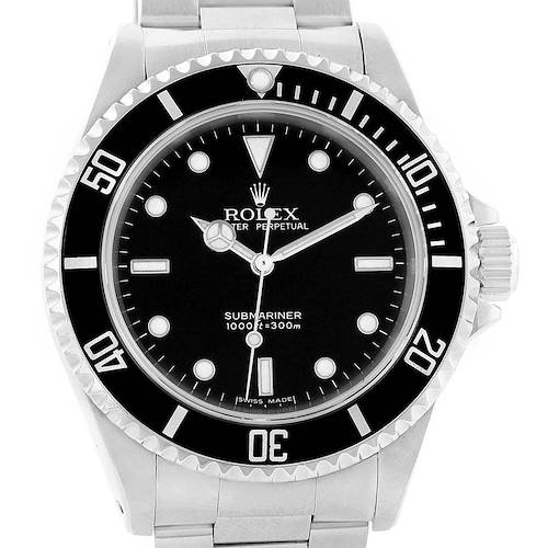The image shows a front view of the Rolex Submariner 14060 Men's Stainless Steel Black Dial 14060 Men's Stainless Steel Black Dial watch, highlighting its dial, bezel, and part of the bracelet.