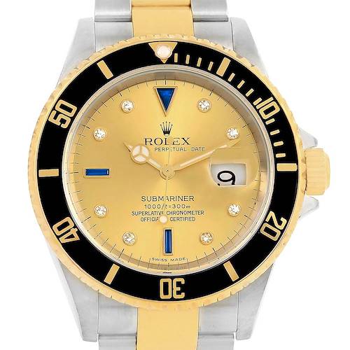 This image shows a front view of a Rolex Submariner 16613 Men's Steel and Gold (two tone) Champagne Dial 16613 Men's Steel and Gold (two tone) Champagne Dial watch, highlighting its gold dial, black bezel, and two-tone bracelet.