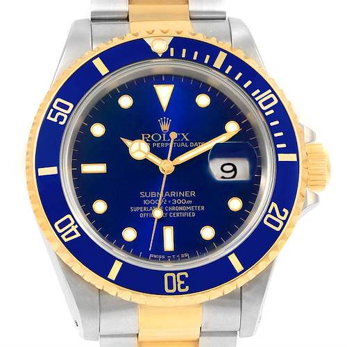 The image shows a front view of the Rolex Submariner 16613 Men's Steel and Gold (two tone) Blue Dial 16613 Men's Steel and Gold (two tone) Blue Dial watch with a blue dial and gold accents.