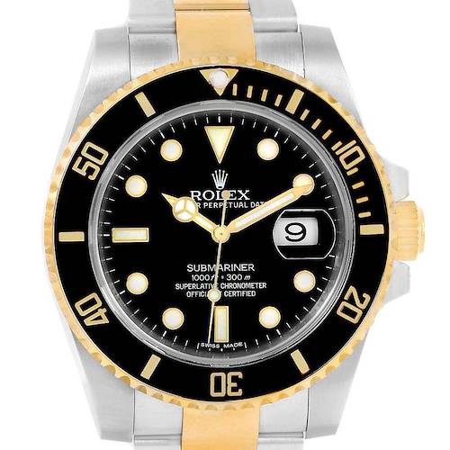 This image shows a front view of a Rolex Submariner 116613 Men's Steel and Gold (two tone) Black Dial 116613 Men's Steel and Gold (two tone) Black Dial watch, featuring a black dial, gold and silver bracelet, date display, and rotating bezel.