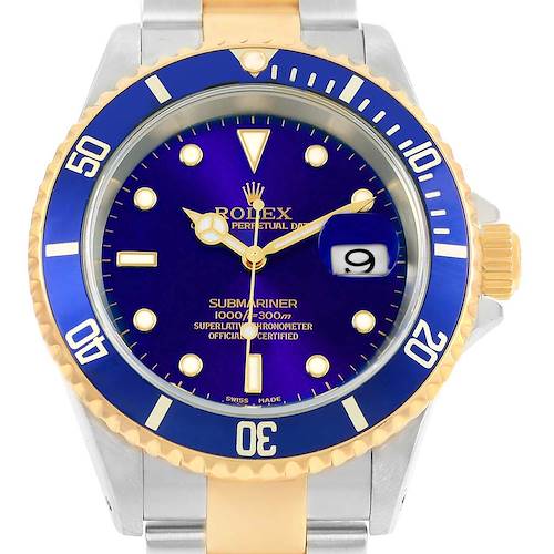 The image shows a front view of the Rolex Submariner 16613 Steel and Gold (two tone) Blue Dial 16613 Steel and Gold (two tone) Blue Dial watch, highlighting its blue dial, gold accents, and date display.
