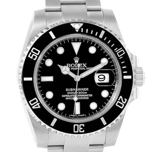 This image shows a front view of the Rolex Submariner 116610 Men's Stainless Steel Black Dial 116610 Men's Stainless Steel Black Dial watch, highlighting its dial, bezel, and bracelet.
