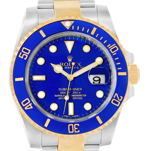 The Rolex Submariner 116613 Men's Steel and Gold (two tone) Blue Dial 116613 Men's Steel and Gold (two tone) Blue Dial watch is shown from a front angle, highlighting the blue dial, bezel, and two-tone bracelet.