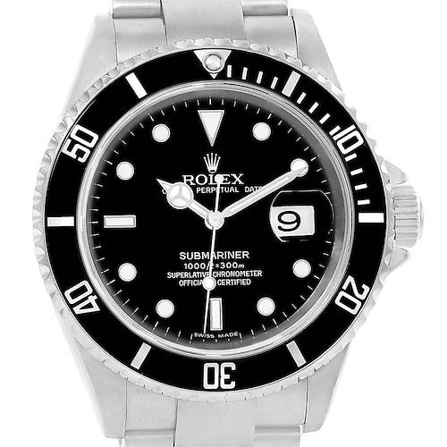 This image shows the face and bezel of a Rolex Submariner 16610 Men's Stainless Steel Black Dial 16610 Men's Stainless Steel Black Dial watch, featuring a black dial, luminescent markers, and a date window.