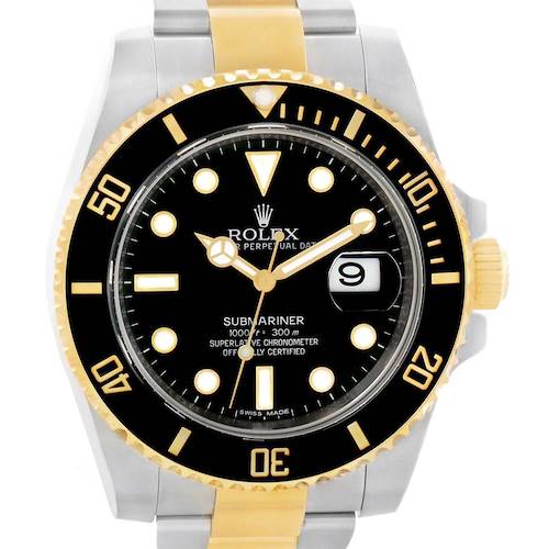 The image shows a front view of the Rolex Submariner 116613 Men's Steel and Gold (two tone) Black Dial 116613 Men's Steel and Gold (two tone) Black Dial watch, highlighting the dial, bezel, and bracelet.
