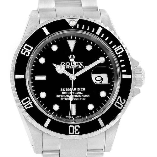 The image shows a front view of the Rolex Submariner 16610 Men's Stainless Steel Black Dial 16610 Men's Stainless Steel Black Dial watch, showcasing its dial, bezel, and part of the bracelet.