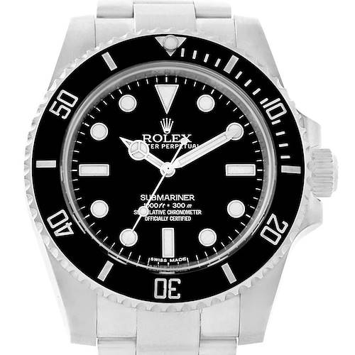 The image shows a front view of the Rolex Submariner 114060 Men's Stainless Steel Black Dial 114060 Men's Stainless Steel Black Dial watch, focusing on the dial, bezel, and part of the bracelet.