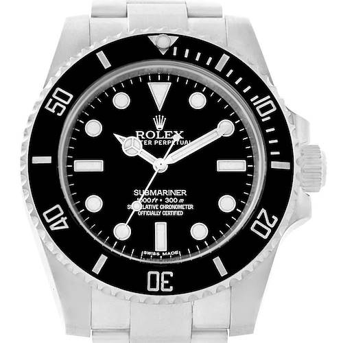 The image shows the front view of the Rolex Submariner 114060 Men's Stainless Steel Black Dial 114060 Men's Stainless Steel Black Dial watch displaying its dial, bezel, and part of the bracelet.