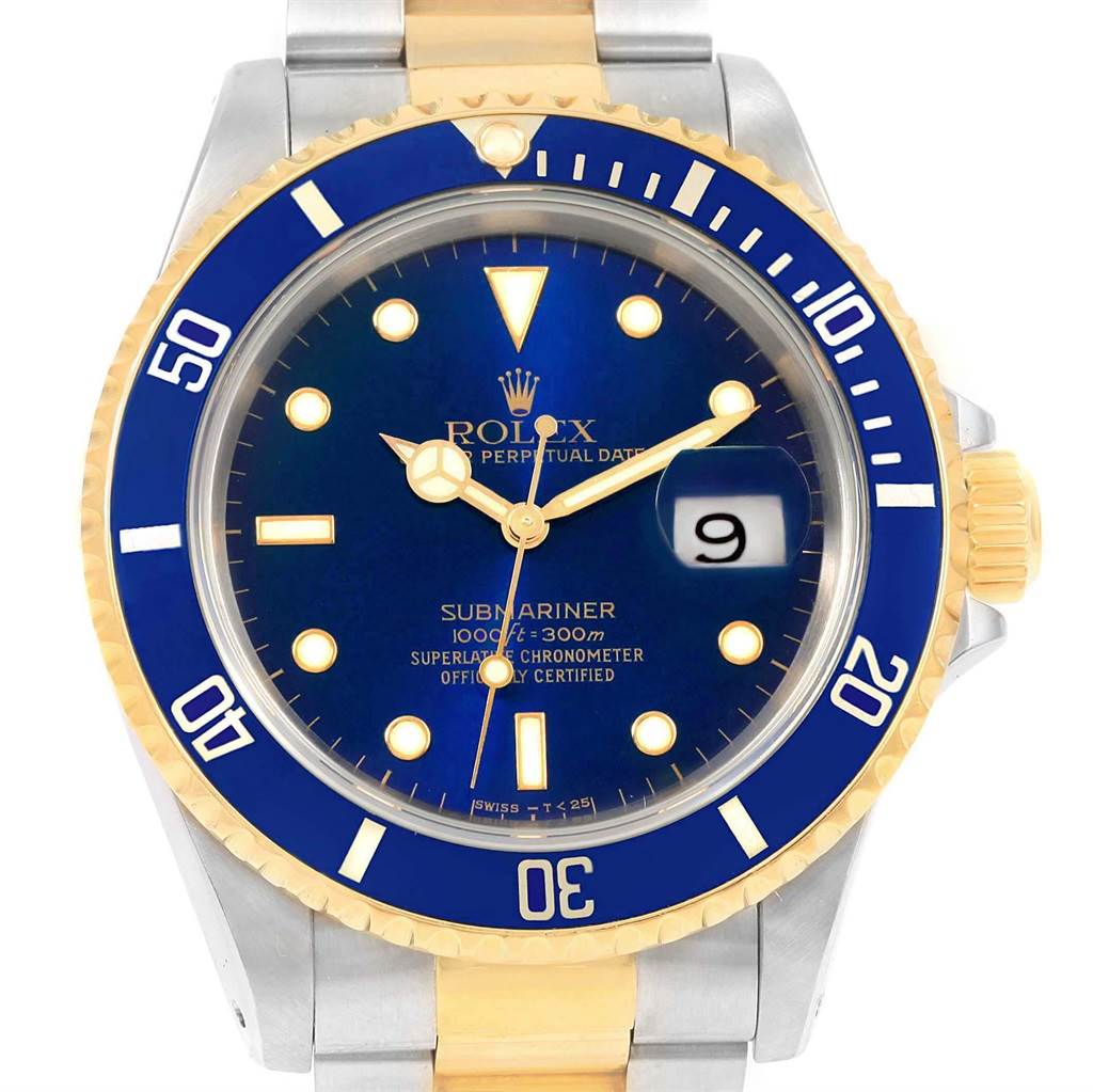 The Rolex Submariner 16613 Men's Steel and Gold (two tone) Blue Dial 16613 Men's Steel and Gold (two tone) Blue Dial watch is shown from a front angle, displaying the face, bezel, crown, and part of the bracelet.
