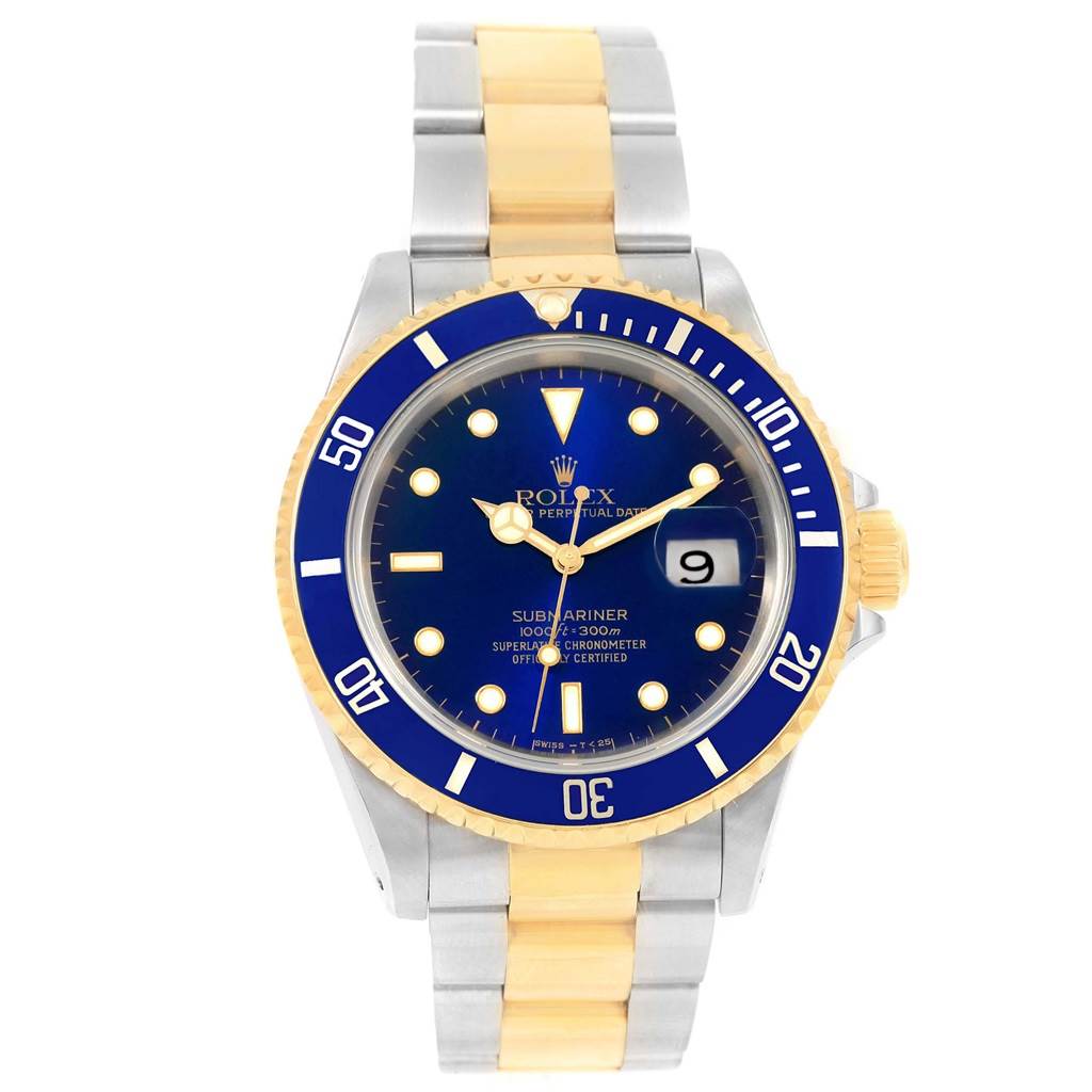 This image shows a frontal view of a Rolex Submariner 16613 Men's Steel and Gold (two tone) Blue Dial 16613 Men's Steel and Gold (two tone) Blue Dial watch with a blue dial and a two-tone metal bracelet.