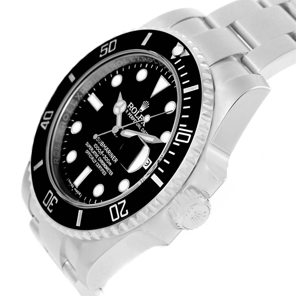This Rolex Submariner 116610 Men's Stainless Steel Black Dial 116610 Men's Stainless Steel Black Dial watch is shown at an angled close-up, highlighting the dial, bezel, and bracelet.