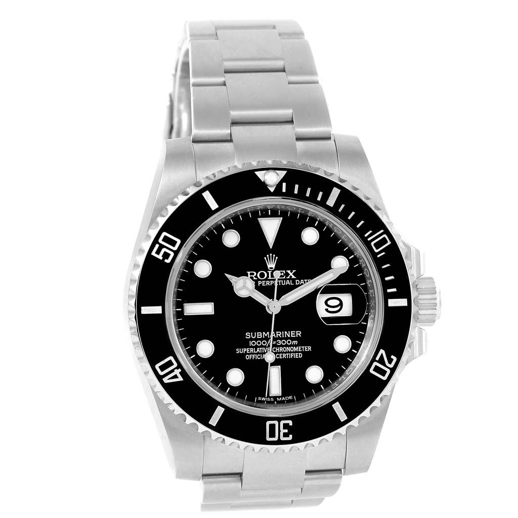 This is a front view of a Rolex Submariner 116610 Men's Stainless Steel Black Dial 116610 Men's Stainless Steel Black Dial watch showcasing its black dial, rotating bezel, and stainless steel bracelet.