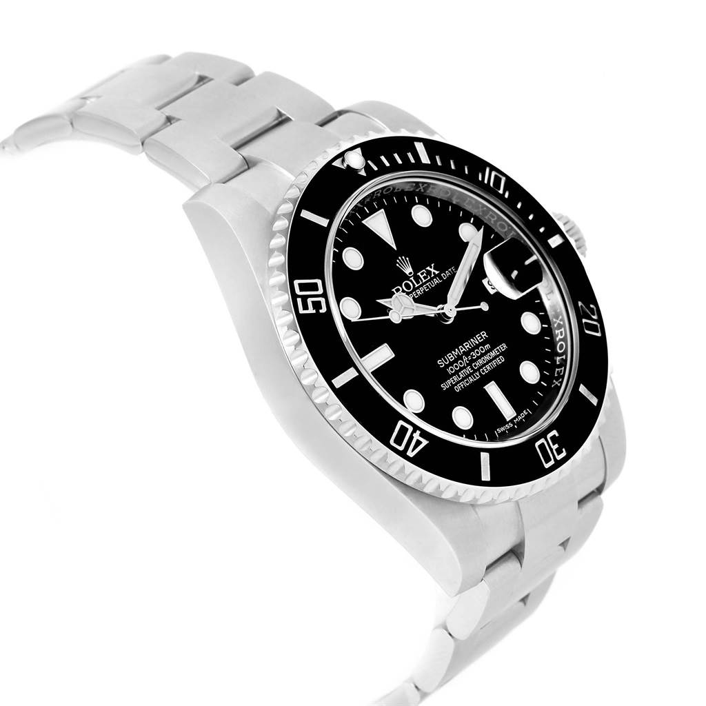 The image shows a side and top angle view of a Rolex Submariner 116610 Men's Stainless Steel Black Dial 116610 Men's Stainless Steel Black Dial, highlighting the dial, bezel, and part of the bracelet.