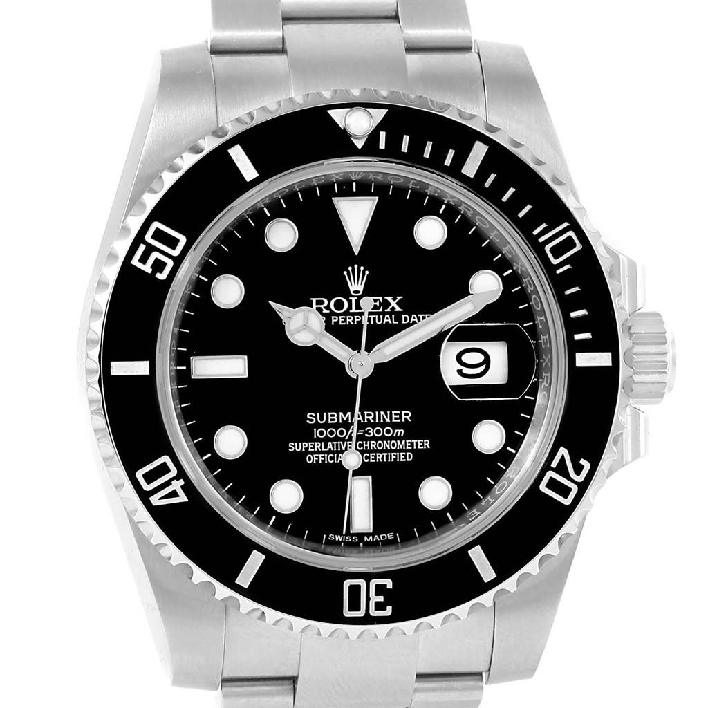 This image displays a front view of a Rolex Submariner 116610 Men's Stainless Steel Black Dial 116610 Men's Stainless Steel Black Dial watch, showing the bezel, dial, date window, and part of the bracelet.