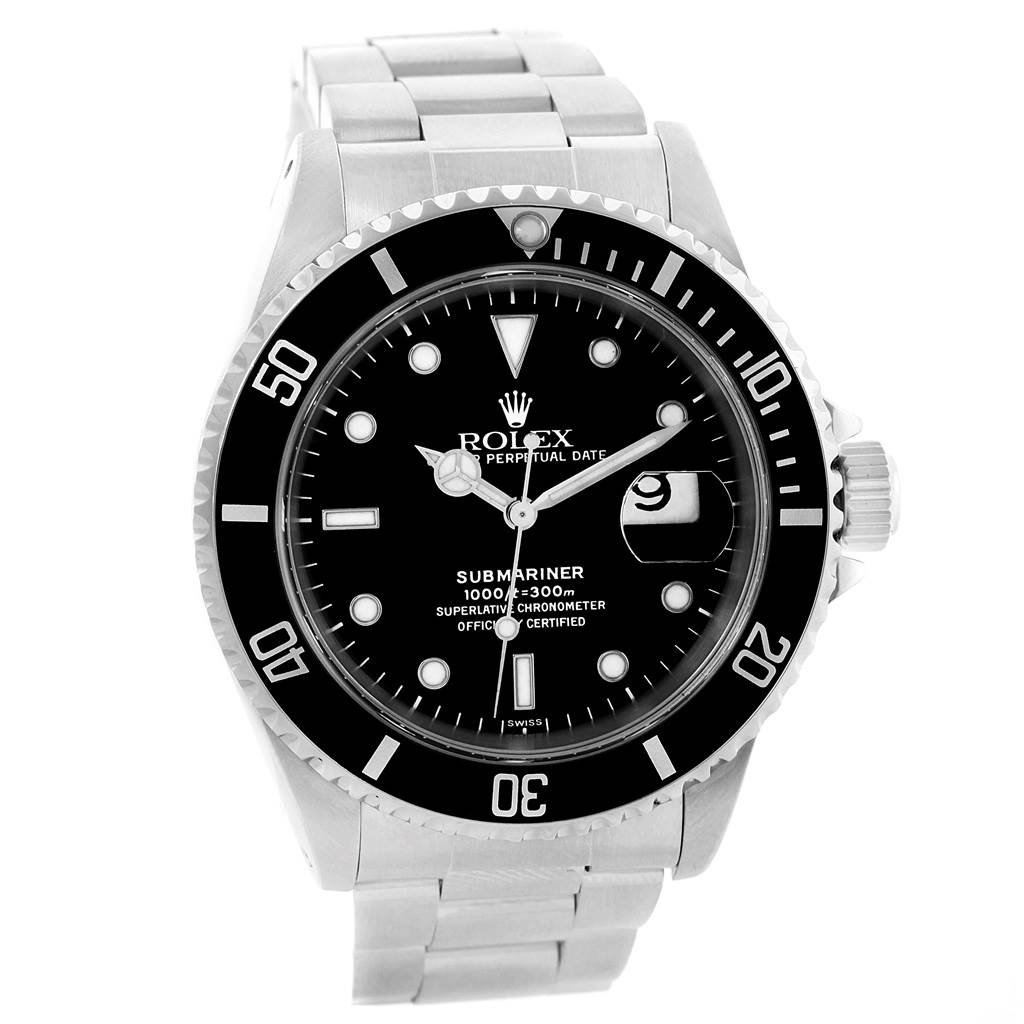 The Rolex Submariner 16610 Men's Stainless Steel Black Dial 16610 Men's Stainless Steel Black Dial watch is shown from a frontal angle, detailing the face, hour markers, bezel, crown, and bracelet.