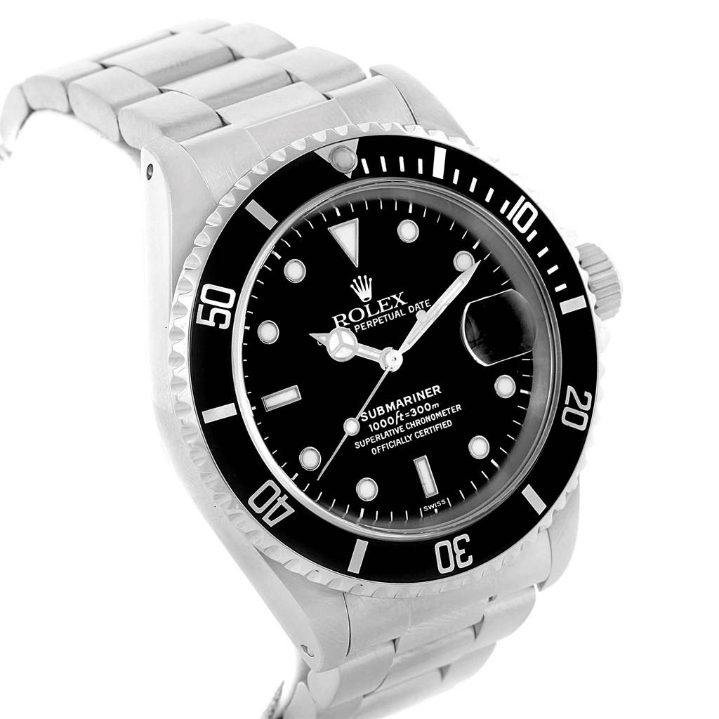 This image shows a Rolex Submariner 16610 Men's Stainless Steel Black Dial 16610 Men's Stainless Steel Black Dial watch from a front angle, displaying its dial, bezel, and part of the bracelet.