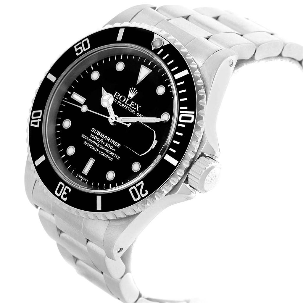 This image shows a Rolex Submariner 16610 Men's Stainless Steel Black Dial 16610 Men's Stainless Steel Black Dial watch from a three-quarter angle, highlighting the face, bezel, crown, and part of the bracelet.