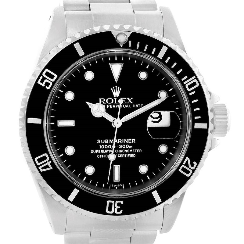 This image shows a front view of the Rolex Submariner 16610 Men's Stainless Steel Black Dial 16610 Men's Stainless Steel Black Dial watch, highlighting the dial, bezel, crown, and part of the bracelet.