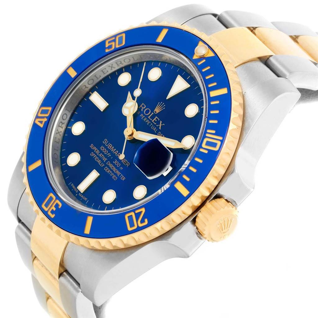This image shows a close-up angle of the Rolex Submariner 116613 Men's Steel and Gold (two tone) Blue Dial 116613 Men's Steel and Gold (two tone) Blue Dial watch, highlighting its blue dial, bezel, and gold accents.