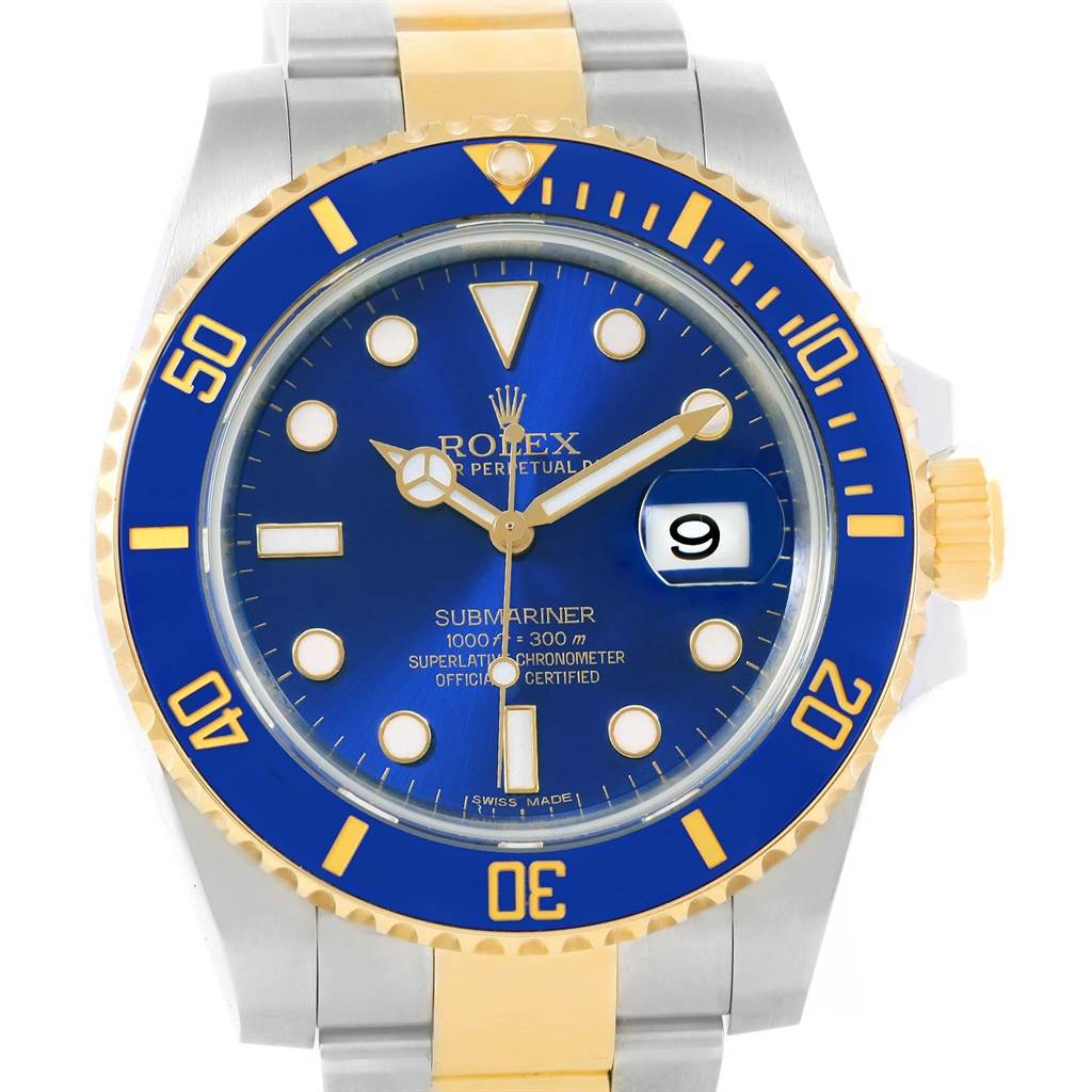 The image shows a front view of the Rolex Submariner 116613 Men's Steel and Gold (two tone) Blue Dial 116613 Men's Steel and Gold (two tone) Blue Dial watch, highlighting its blue dial and bezel with gold accents.